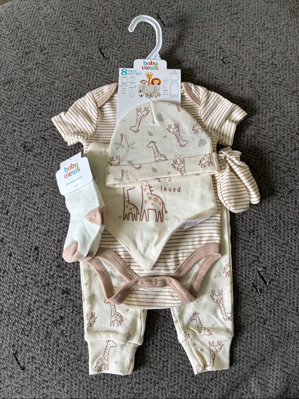 Cream & Tan Giraffe Baby One-Piece Set with Hat & Bib